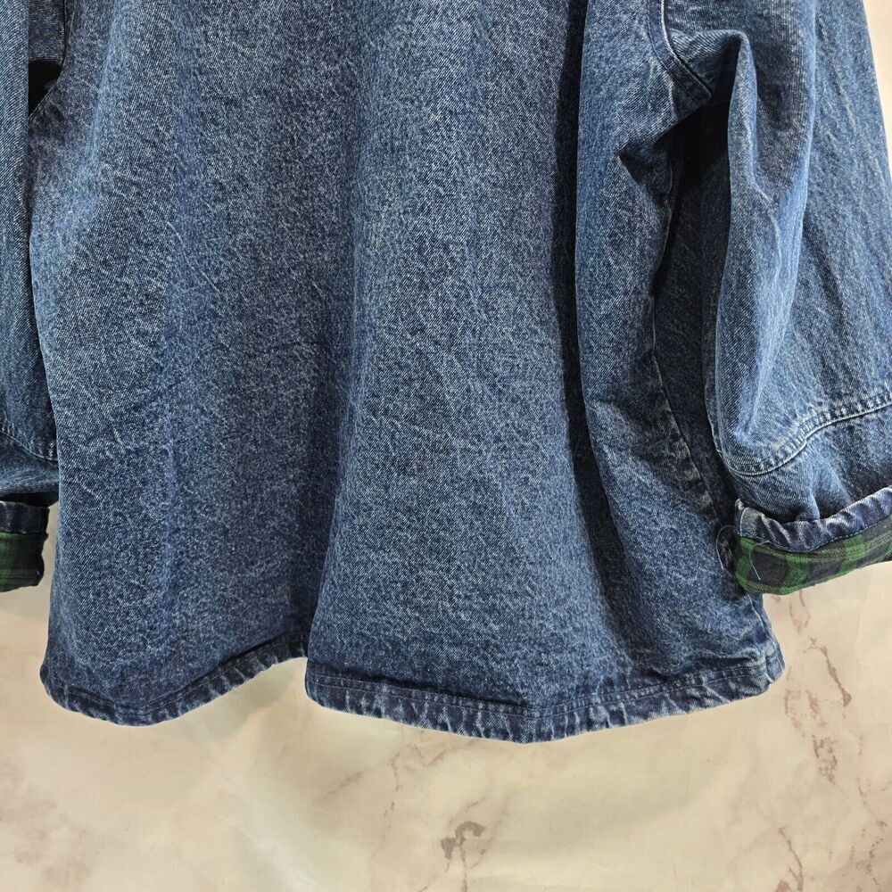 Vintage Denim Jacket Womns 3X Jean 80s 90s Flannel Lined Green Plaid Dark Medium - Picture 7 of 12